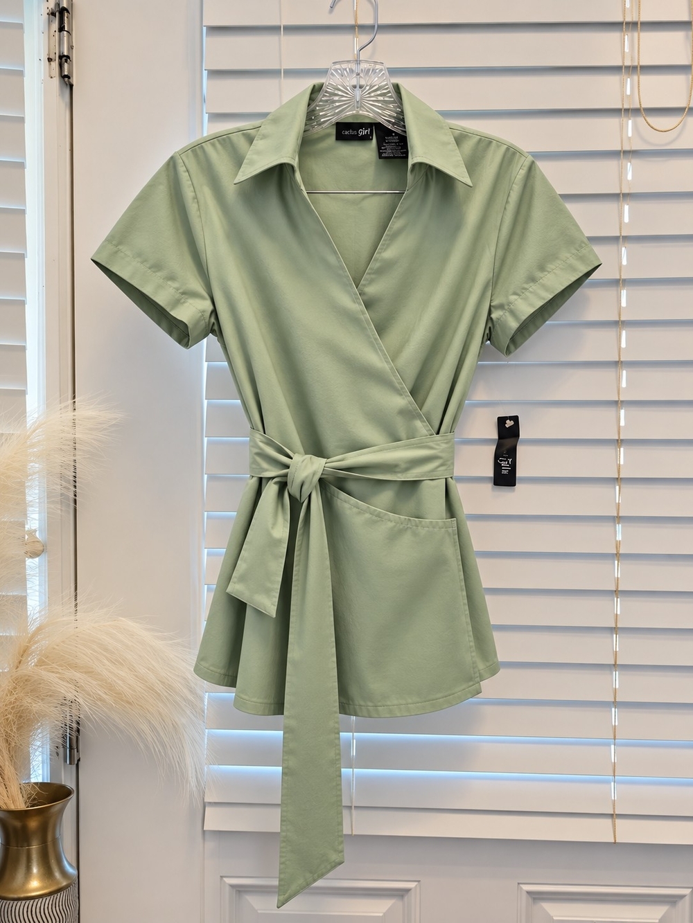 East 5th Sage Green Wrap Tie Short Sleeve Blouse